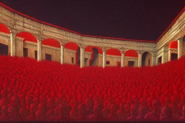 Image similar to only with red, a red great emperor, taormina amphitheatre, crowd with big smile, in the style of beksinski, parts by edward hopper, parts by rodcenko, parts by yue minjun, intricate and epic composition, red by caravaggio, insanely quality, highly detailed, masterpiece, red light, artstation, 4 k