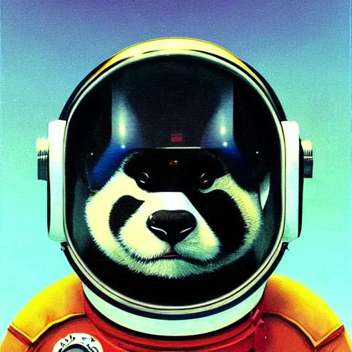 Image similar to Portrait of a Panda astronaut wearing helmet in the style of James Gilleard, Zdzislaw Beksinski, Mark Ryden, Wolfgang Lettl highly detailed, hints of Yayoi Kasuma