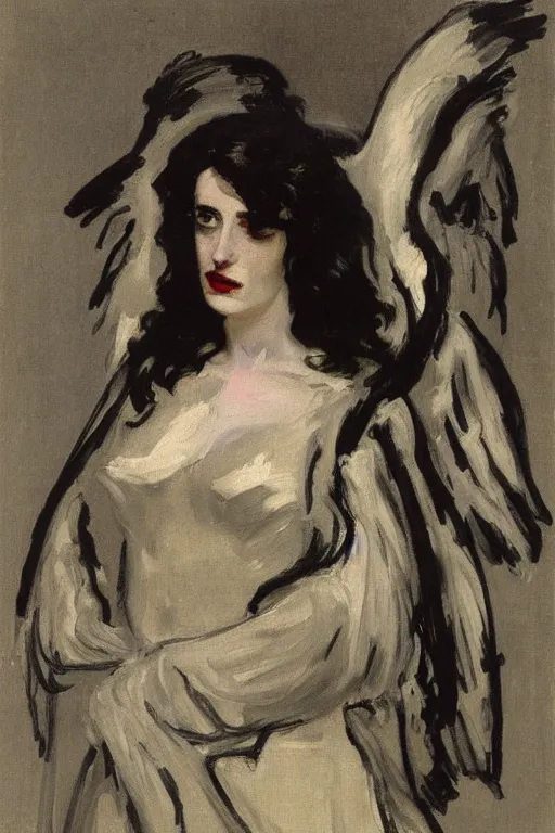 Prompt: portrait of eva green as an angel of death by walter sickert, john singer sargent, and william open