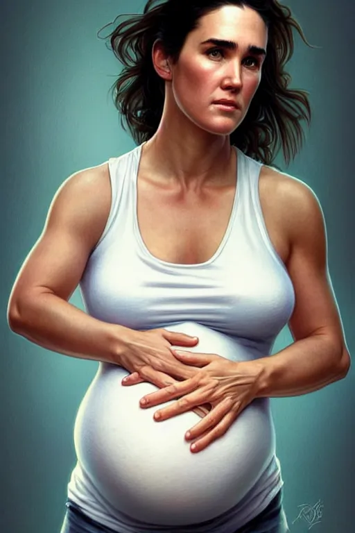 Image similar to pregnant jennifer connelly in a white tank top, realistic portrait, symmetrical, highly detailed, digital painting, artstation, concept art, smooth, sharp focus, illustration, cinematic lighting, art by artgerm and greg rutkowski and alphonse mucha