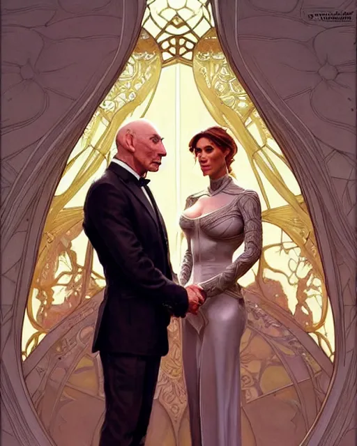 Prompt: Portrait of Jean Luc Picard marrying Jodie Marsh, real life skin, intricate, elegant, highly detailed, artstation, concept art, smooth, sharp focus, art by artgerm and greg rutkowski and alphonse mucha