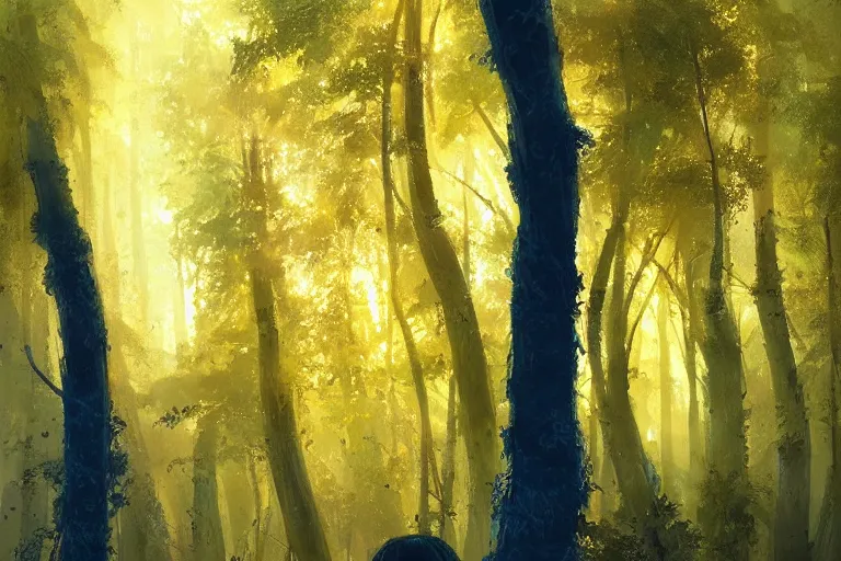 Image similar to forest of blue spaghetti under a yellow sky, by greg rutkowski