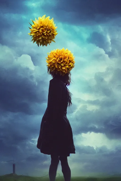 Prompt: closeup girl with giant yellow dahlia flower on head, standing on mountain, surreal photography, blue storm clouds, dramatic light, impressionist painting, digital painting, artstation, simon stalenhag