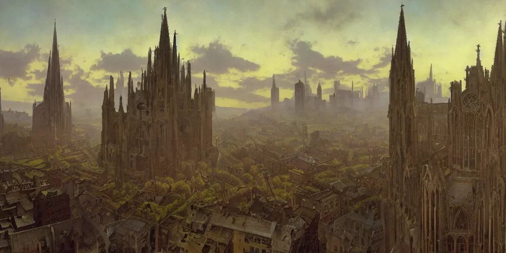 Image similar to sunlit vista, gothic cathedral with a large bell and pipes and tubes coming from it, dieselpunk cathedral, dynamic, painted by ruan jia, lawrence alma tadema, zdzislaw beksinski, norman rockwell, jack kirby, tom lovell, alex malveda, greg staples, hand of fear, bbc, tv