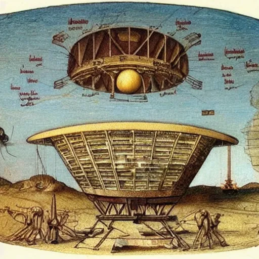 Image similar to vintage, detailed, colored sketch of ufo construction, all parts, with full descriptions, on old parchment, by leonardo da vinci!