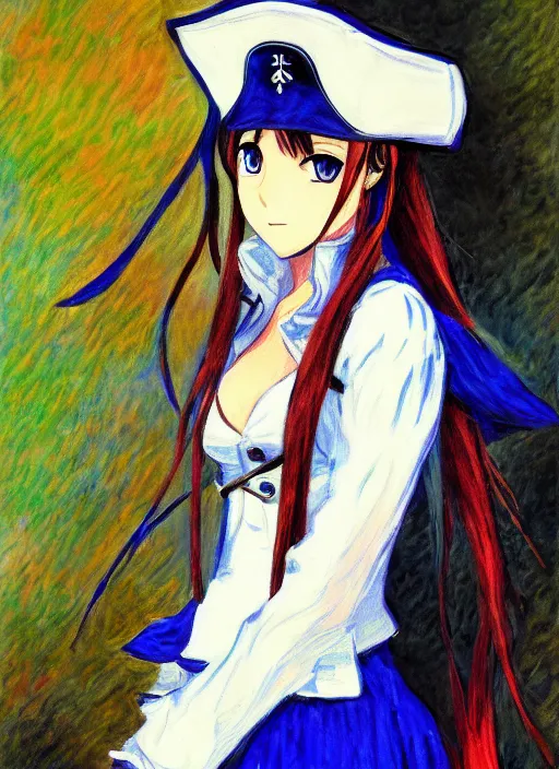 Prompt: a portrait of a female pirate, blue uniform, very anime in impressionist style, anime trending artwork, anime painter studio, by claude monet