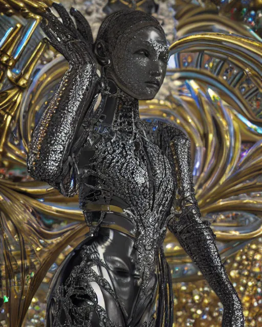 Image similar to a highly detailed metahuman 4 k close up render of an alien goddess bella hadid monument techno in iris van herpen dress schiaparelli in diamonds crystals swarovski and jewelry iridescent in style of alphonse mucha gustav klimt trending on artstation made in unreal engine 4