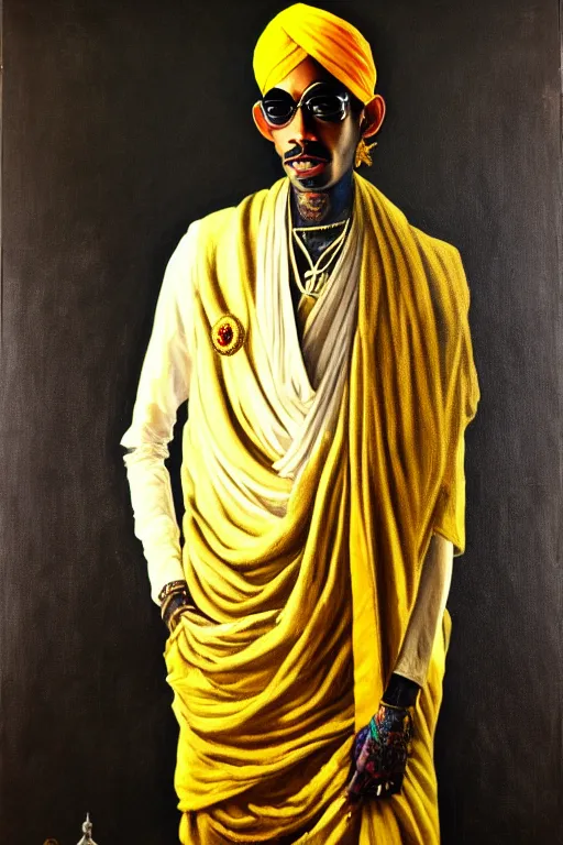 Prompt: full body portrait of wiz khalifa as mahatma gandhi, oil on canvas by william sidney mount, hindu art, great soul, black, black, yellow, yellow, trending on artstation