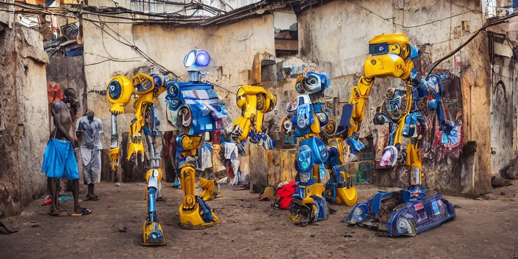 Prompt: mecha ROBOT of AJEGUNLE SLUMS of Lagos with african JESUS CHRIST on walls, people smiling about AESTHETICS, large UFO with NEON ray of light, Golden Hour light, analogue photo