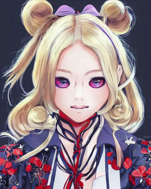 Image similar to illustration of a blonde twintails hair with ribbons anime girl with red eyes in the style of studio ghibli, ayami kojima, akihiko yoshida and 90's anime