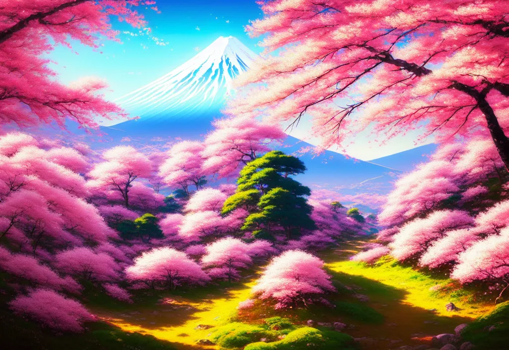 Image similar to a real photographic landscape painting with incomparable reality, wide angle, in forest, flowers, cherry blossom tree in full bloom, bright style, mount fuji, clearing, magnificent, artstation, art by makoto shinkai