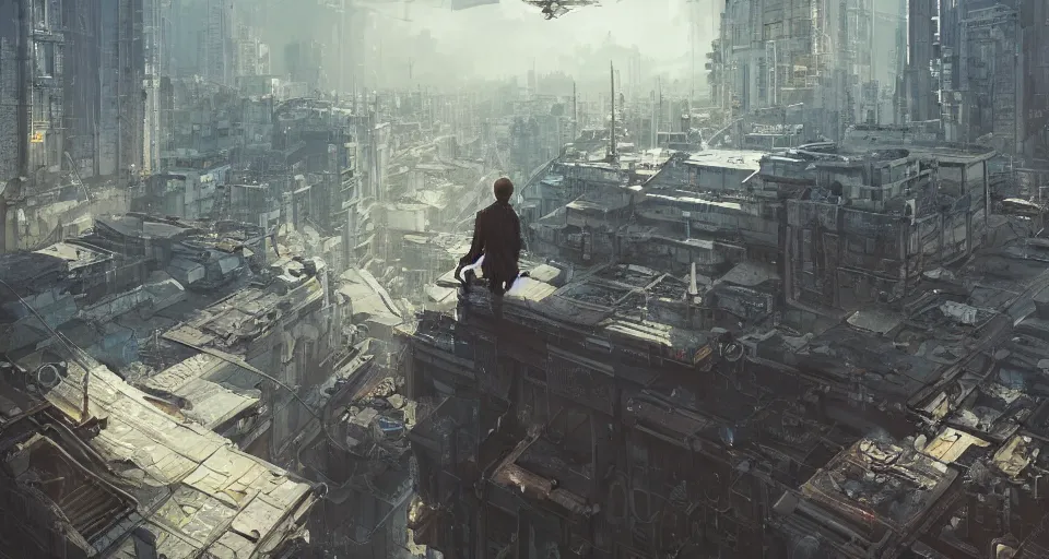 Image similar to a man standing on a wide terrace balcony above a solarpunk city, dramatic lighting, illustration by greg rutkowski, yoji shinkawa, 4 k, digital art, concept art, trending on artstation