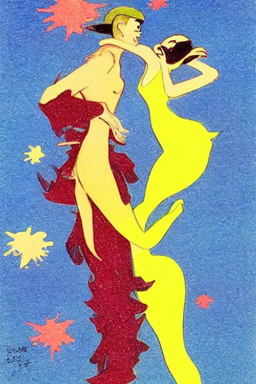 Prompt: a surrealist exaggerated illustration of two figures dancing in a sea of fireworks by Seiichi Hayashi, 1920s art deco, by Telemaco Signorini, vintage postcard, a vintage anime 70s comic book watercolor by Dean Ellis and by Syd Mead