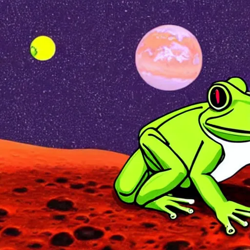 Image similar to frog on mars hanging out with cats,