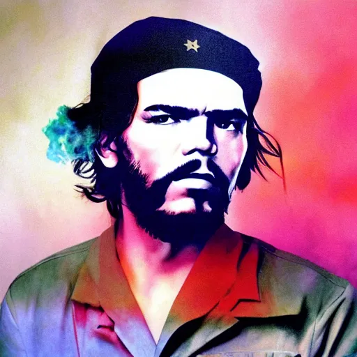 Image similar to colour masterpiece surreal closeup portrait photography of che guevara by miho hirano and annie leibovitz and michael cheval, psychedelic smoke background, 8 k