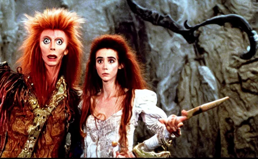 Image similar to movie still from the 1 9 8 8 sequel to labyrinth by jim henson's creature shop starring david bowie as goblin king and young jennifer connelly as sarah in a maze - like steampunk fortress on the moon. realistic practical - effects wondrous creatures and humanoid aliens. fantasy adventure.