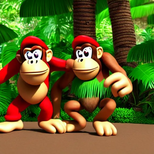 Image similar to Donkey Kong and Diddy Kong surrounded by tropical trees and barrels, 3D render, detailed clay model