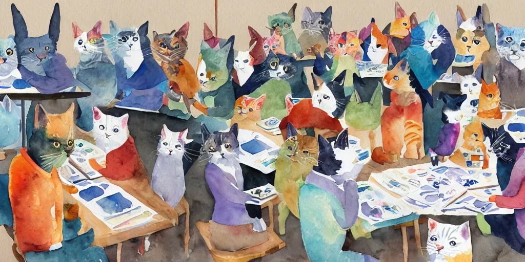 Image similar to watercolor illustration style, cats in jackets research meet in big table, business, inspiring art