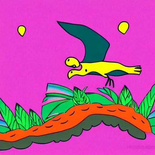 Prompt: cute illustration of a dodo bird surfing. super cute. tropical. colorful.