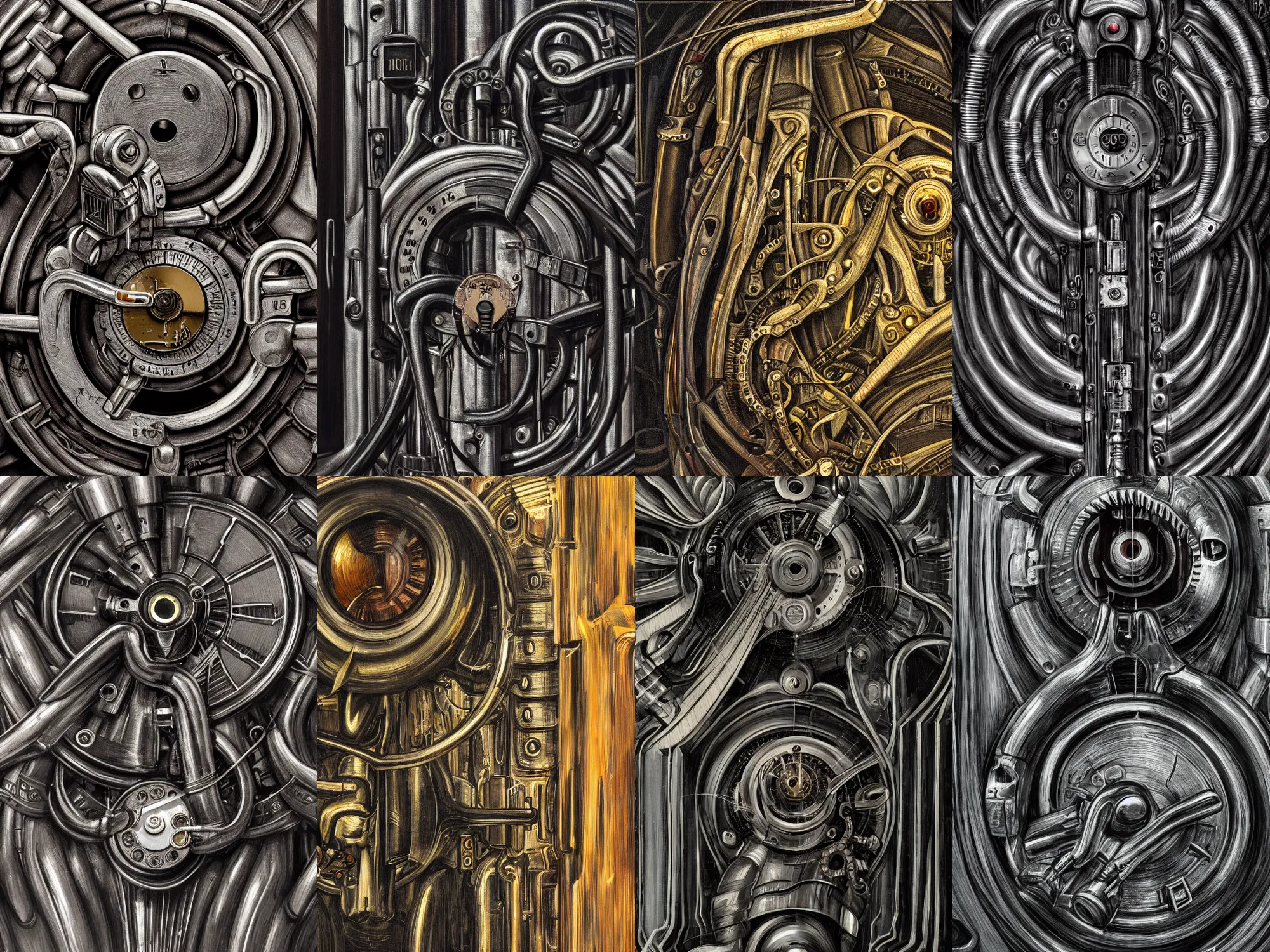 Image similar to closeup of Mechanical Lock, HD, award winning, in style of giger, biomechanics, biomechanical, film grain, medium format, 8k resolution, oil on canvas