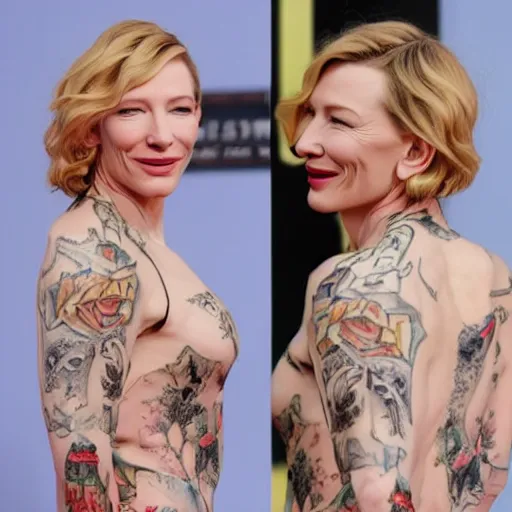 Image similar to high resolution image of cate blanchett with full body tattoo , highly detailed, photorealistic, 4k