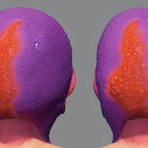Prompt: a texture map of wet orange skin with purple warts and curly hairs | seamless | unreal engine | octane | red shift