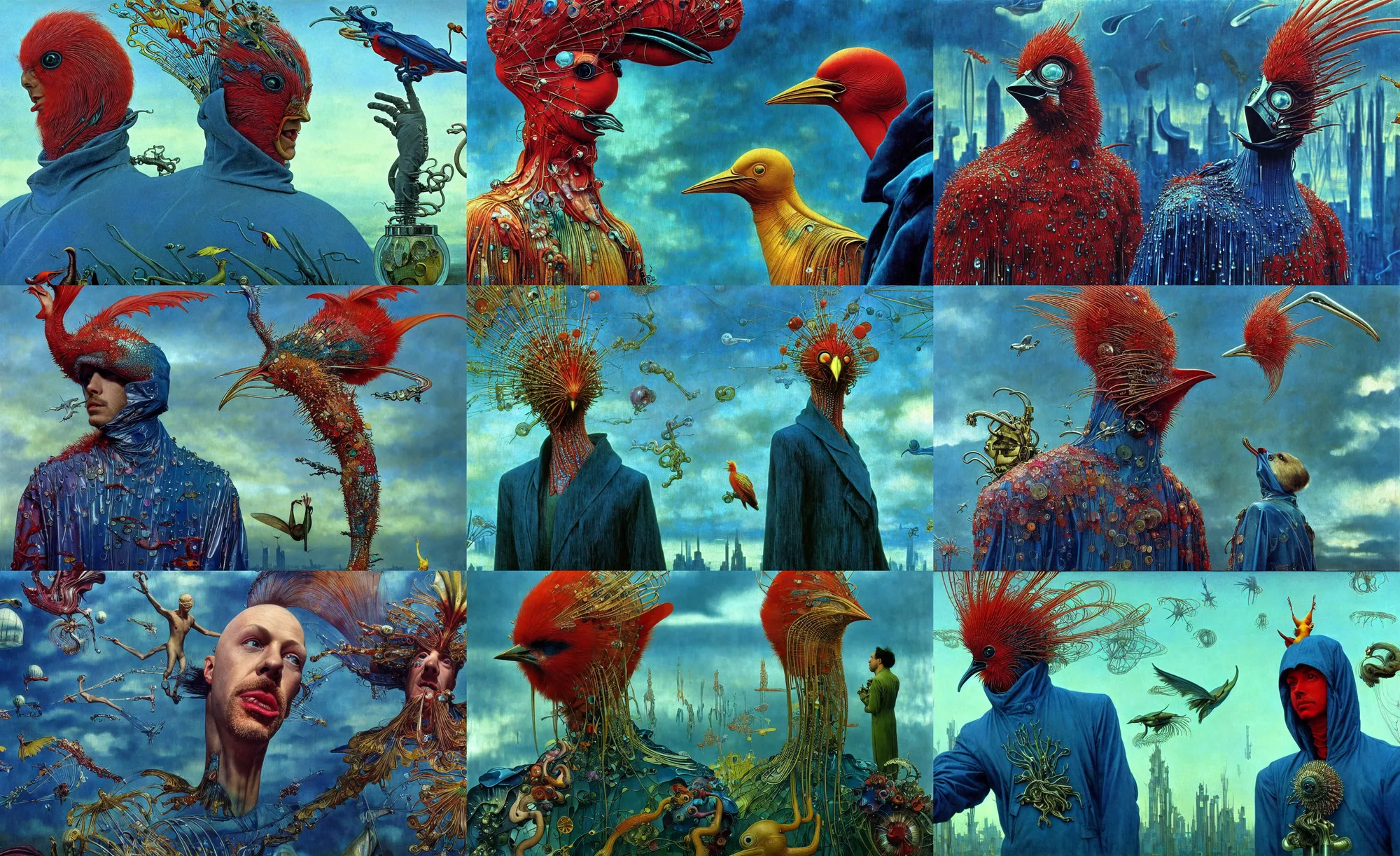 Prompt: realistic detailed portrait movie shot of a birdman wearing glossy sheer raincoat, sci fi city landscape background by denis villeneuve, amano, yves tanguy, alphonse mucha, ernst haeckel, max ernst, roger dean, masterpiece, rich moody colours, dog teeth, blue eyes