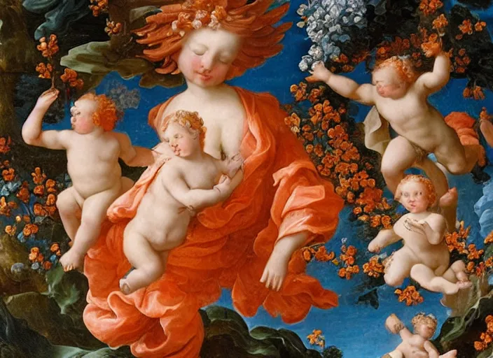 Image similar to cheeto's, extremely detailed, cheeto's surrounded by flowers and cherubs, a baroque painting, rococo style