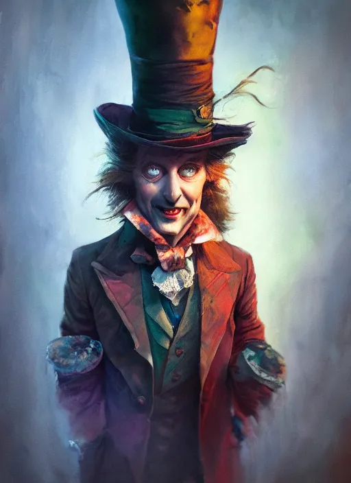 Image similar to portrait, The Mad Hatter, watercolor, dramatic lighting, cinematic, establishing shot, extremly high detail, foto realistic, cinematic lighting, post processed, concept art, artstation, matte painting, style by eddie mendoza, raphael lacoste, alex ross