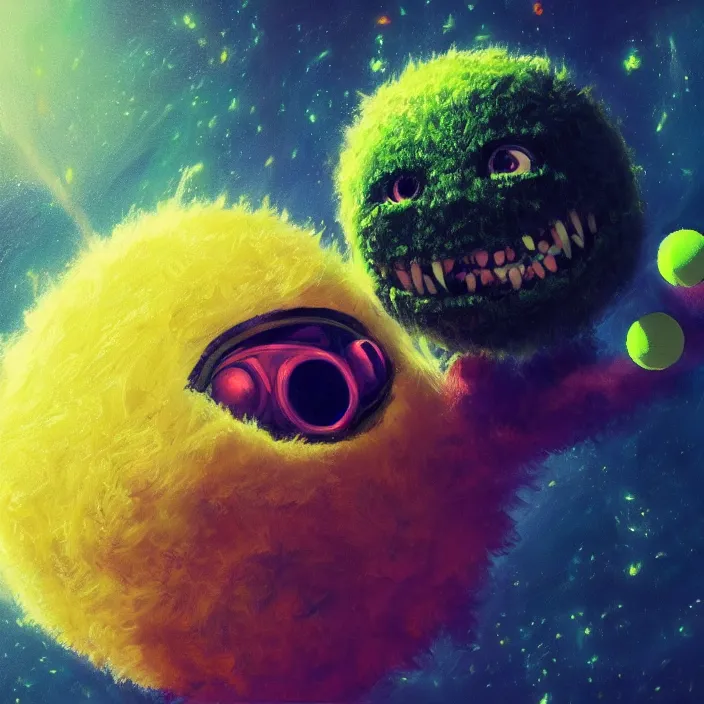 Image similar to cinematic portrait of a cute tennis ball monster in the abyss of space, chalk, masterpiece, trending on artstation, featured on pixiv, cinematic composition, dramatic pose, beautiful lighting, sharp details, hyper - detailed, hd, hdr, 4 k, 8 k, art by basil gogos