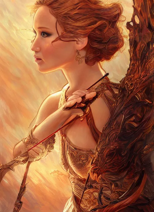 Image similar to Jennifer Lawrence as a beautiful fire archer, cute, fantasy, intricate, elegant, highly detailed, digital painting, 4k, HDR, concept art, smooth, sharp focus, illustration, art by artgerm and H R Giger and alphonse mucha