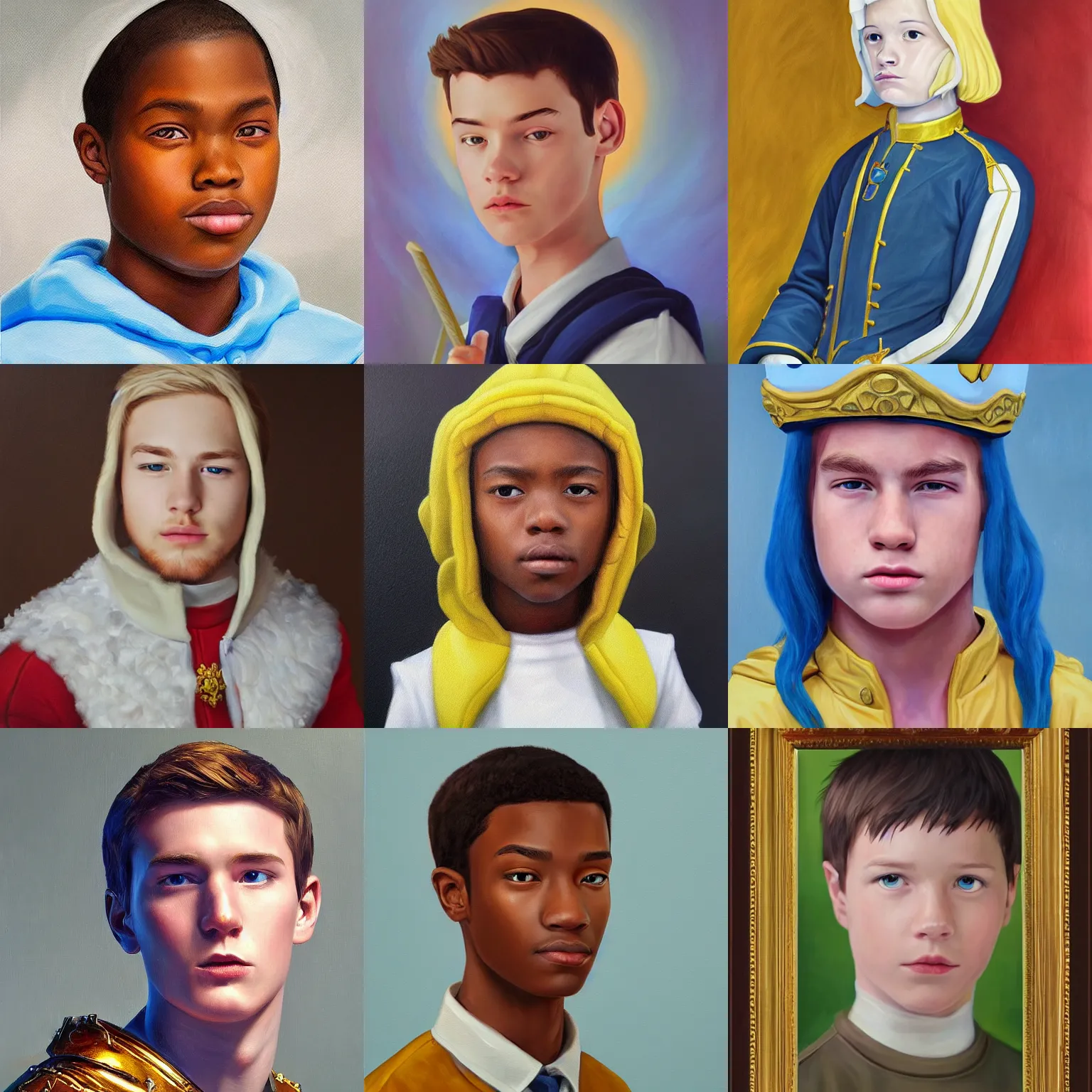 Prompt: finn from adventure time, royal portrait painting, oil painting, highly detailed, realistic face