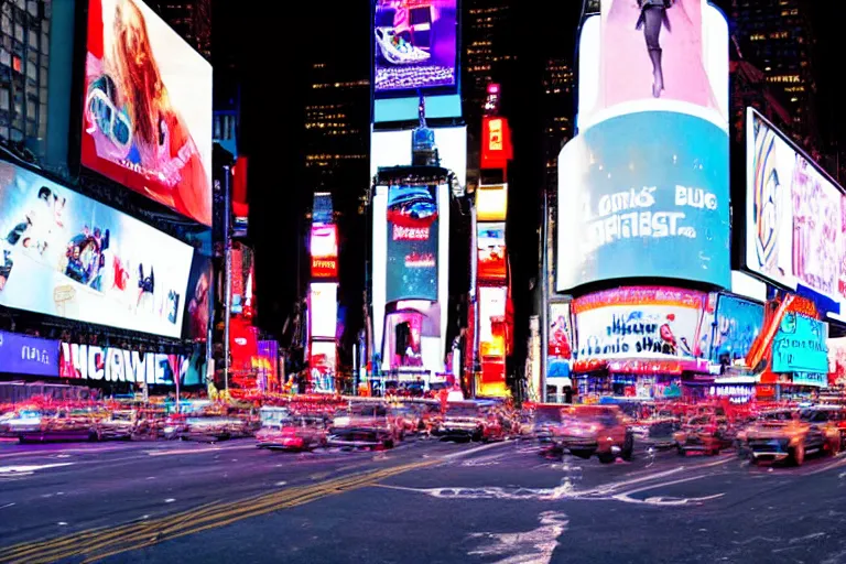 Image similar to a detailed photograph depicting times square at night. a giant digital billboard shows a heroic portrait of a proud blonde woman in her 6 0's. sci fi, neon lighting, futuristic.