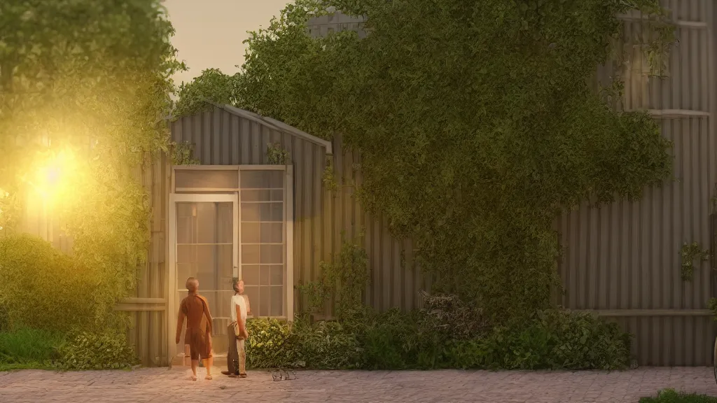 Image similar to ! dream a couple, green house, quiet street, sunset lighting, rim light, hyper realistic, 1 0 5 mm, cinematic frame