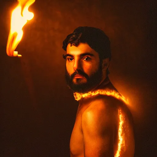 Image similar to award winning cinematic still portrait of intense 27 year old Mediterranean skinned man in Ancient Canaanite tunic, holding a flaming torch, beard, short hair, Nighttime. action, violence, Biblical epic directed by Steven Spielberg