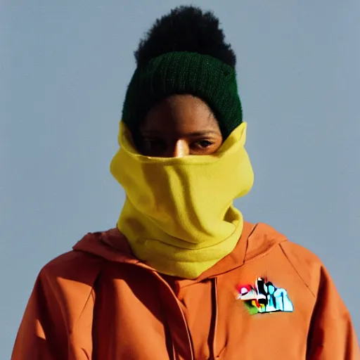 Image similar to realistic! photoshoot for a new the north face lookbook, color film photography, portrait of a beautiful woman wearing a balaclava mask, photo in style of tyler mitchell, 35mm lens