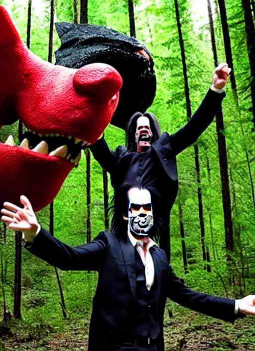 Prompt: a photo of an exuberant nick cave finding a giant devil in the deep forest