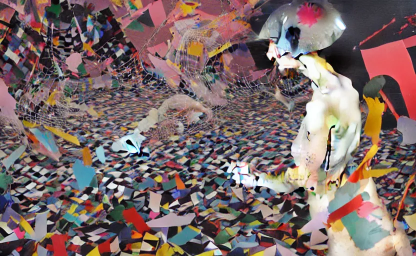 Prompt: decollage painting of a young girl struggling in a ruined city full of gigantic spiders by adrian ghenie and takato yamamoto and edward hopper and mark ryden and tsutomu nihei, part by bridget riley, acrylic pour and splashing paint, very coherent, baroque elements, perfect anatomy, intricate design. pop art.