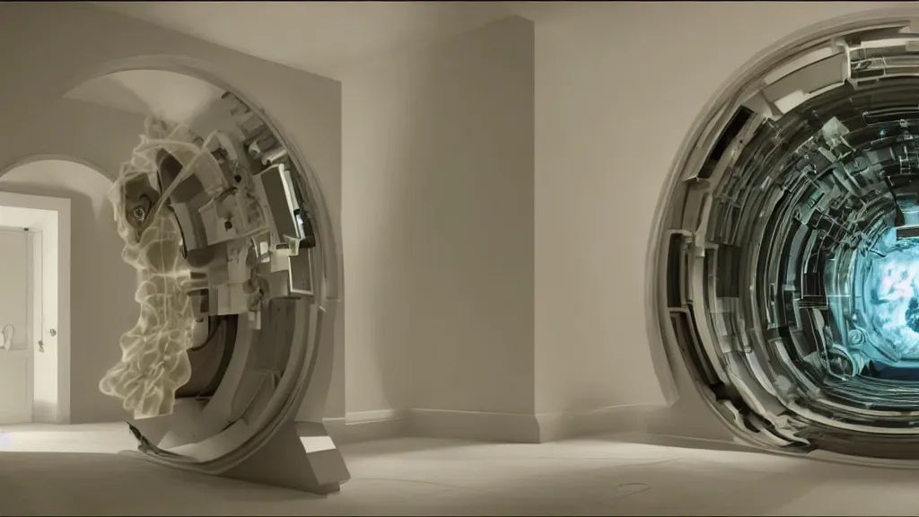 Image similar to an mri image open mri exposed uncovered machine portal in the living room, film still from the movie directed by denis villeneuve with art direction by salvador dali, wide lens