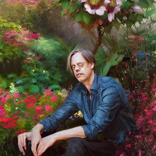 Image similar to steve buscemi sitting in a lovely garden. beautiful painting by raymond swanland, beautiful detailed face.