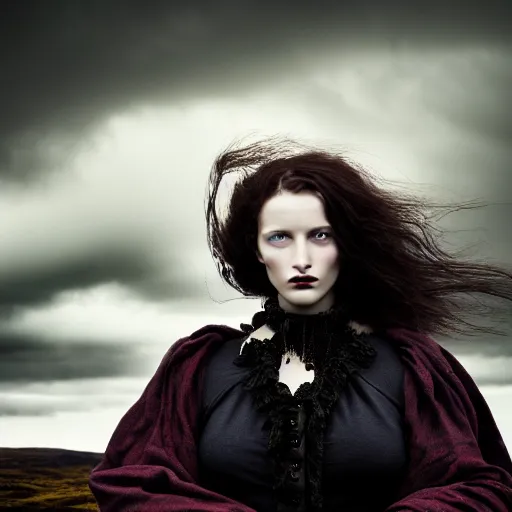 Image similar to photographic portrait of a stunningly beautiful female scottish highlands witch dark moody clouds, contemporary fashion shoot, by edward robert hughes, annie leibovitz and steve mccurry, david lazar, jimmy nelsson, breathtaking, 8 k resolution, extremely detailed, establishing shot, artistic, hyperrealistic, perfect face, octane render