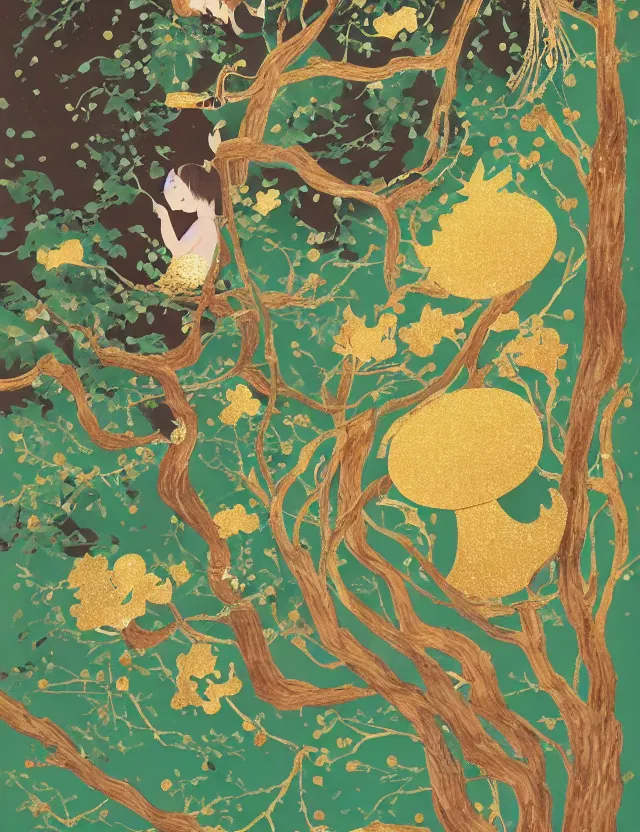 Prompt: spirit of cupcakes lost in a forest. this gouache and gold leaf work by the award - winning mangaka has a beautiful composition and intricate details.