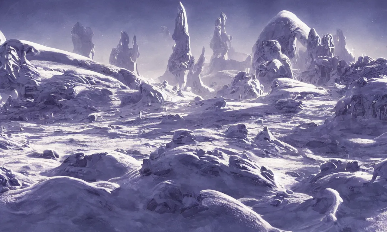 Image similar to snow alien landscape of an unexplored world, cinematic lighting, cinematic angle, Syd Mead, Federico Pelat, daylight, blue sky, spaceship in the sky