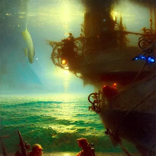 Image similar to point of view of deep in the ocean looking up, you see fishes, the milk way, night time, midnight, no sunlight. highly detailed painting by gaston bussiere, greg rutkowski 8 k