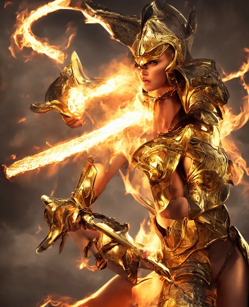 Prompt: Angled profile shot of a fiercely beautiful woman in golden angelic battle armor wielding a flaming sword, action shot, cinematic, epic, 4k, stylized, realism