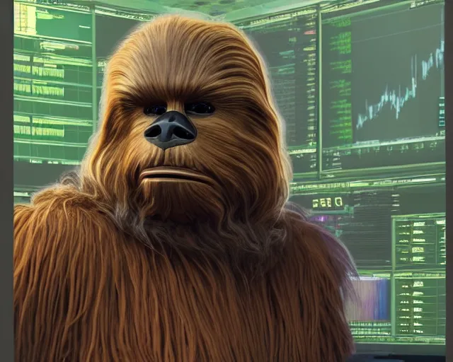 Image similar to wookiee at home trading crypto. the charts are at all time highs, gains, green charts, painting by grant wood and frank frazetta, 3 d rendering by beeple, wlop