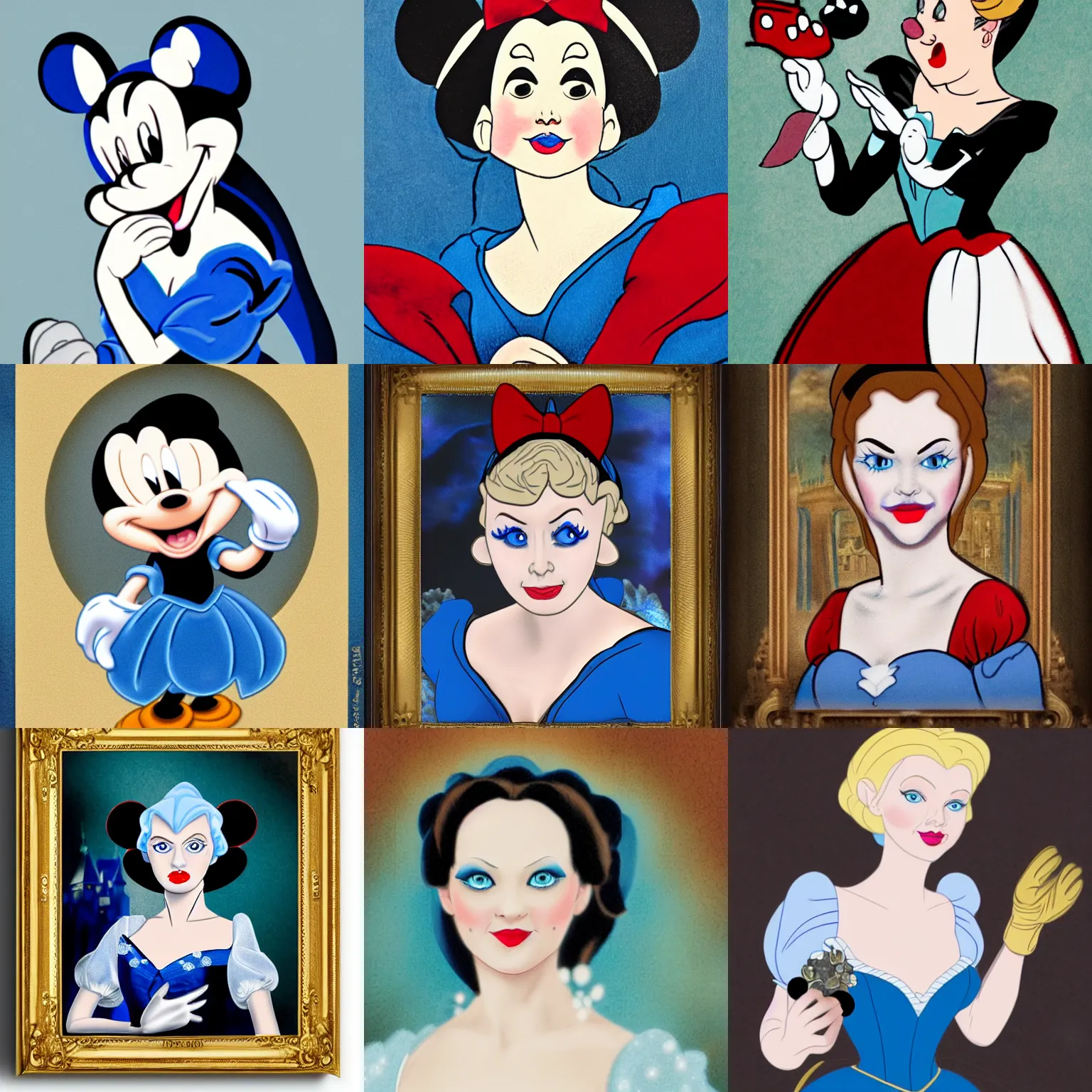 Prompt: evil cinderella with blue eyes and pale skin in a classical portrait pose in the style of mickey mouse