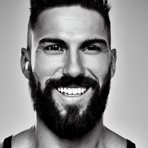 Image similar to black and white photography of a very muscular man smiling with a chiseled jawline and trimmed beard