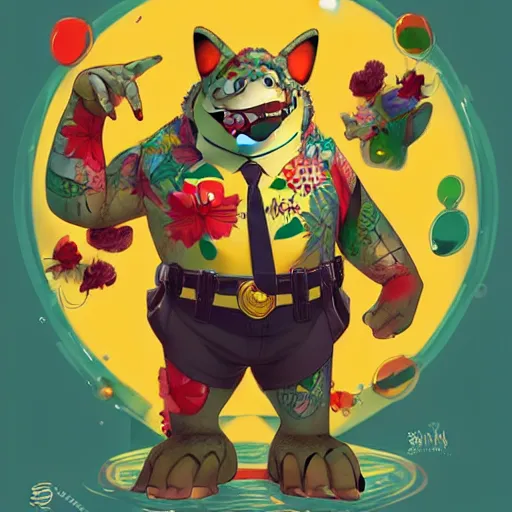 Image similar to in the style of artgerm, loish and ross tran, anthropomorphic alligator, symmetrical face, symmetrical eyes, red scales on his back, yellow scale on his belly and chest, male, waring a hawaiian shirt, in the style of zootopia