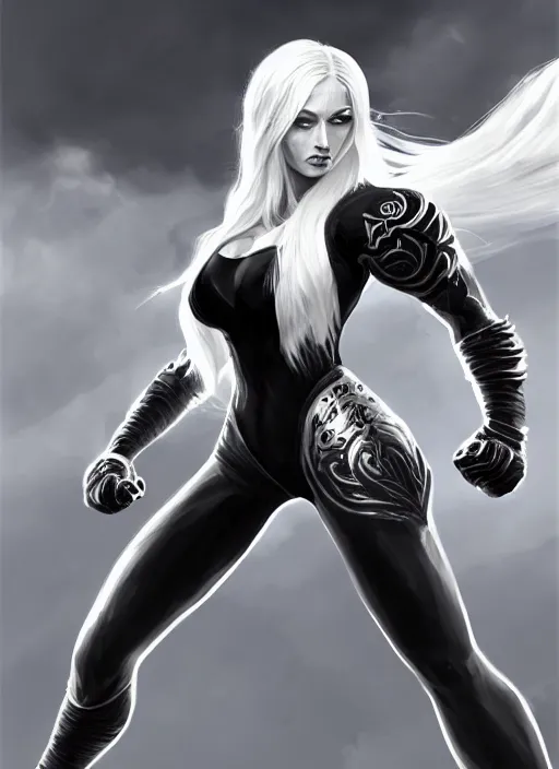 Prompt: a highly detailed illustration of fierce platinum blonde woman wearing black mma gear, heroic fighting stance pose, intricate, elegant, highly detailed, centered, digital painting, artstation, concept art, smooth, sharp focus, league of legends concept art, wlop